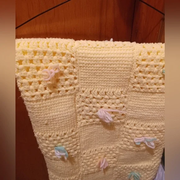 Vintage Hand-Crocheted Yellow Baby Blanket – 33” Square - Picture 2 of 3